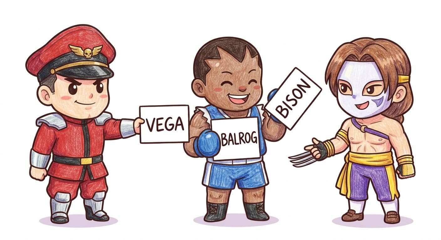 Chibi illustration of the Shadaloo dictator, boxer, and claw fighter; signs read Vega, Balrog, and Bison.