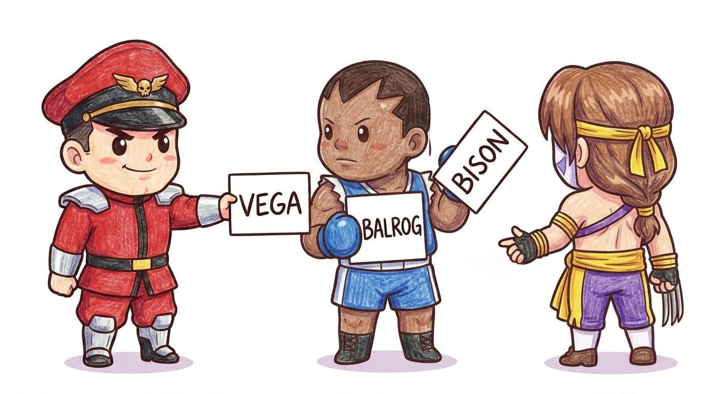 Alternate chibi illustration of the three bosses and the regional name swap.